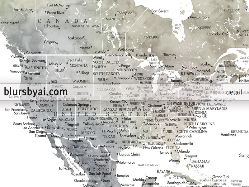 Art print on paper: personalized world map with state capitals, cities and countries in muted watercolor. "Habiki"
