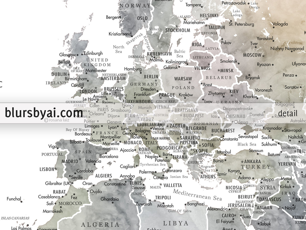 Personalized world map print on rolled canvas, with cities and US state capitals in muted watercolors, "Habiki"