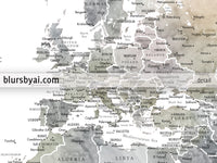 Personalized world map print on rolled canvas, with cities and US state capitals in muted watercolors, "Habiki"