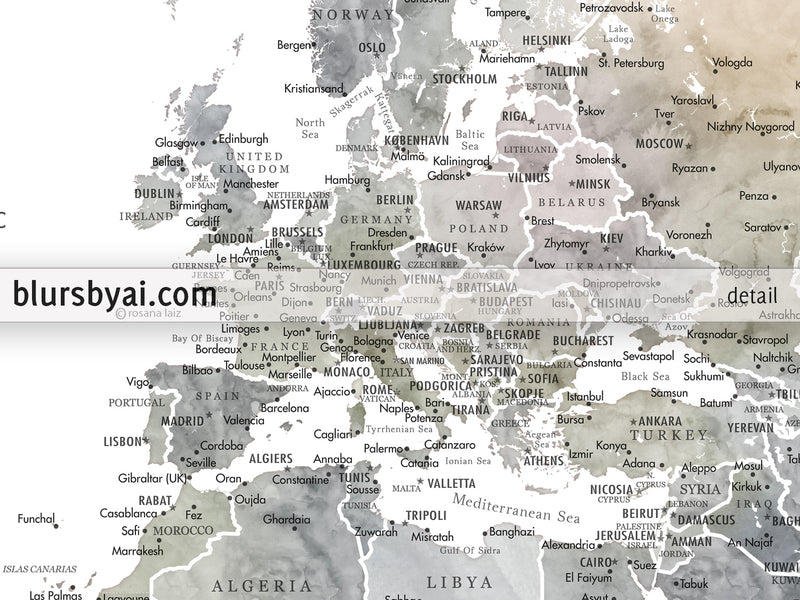 Personalized world map print on rolled canvas, with cities and US state capitals in muted watercolors, "Habiki"