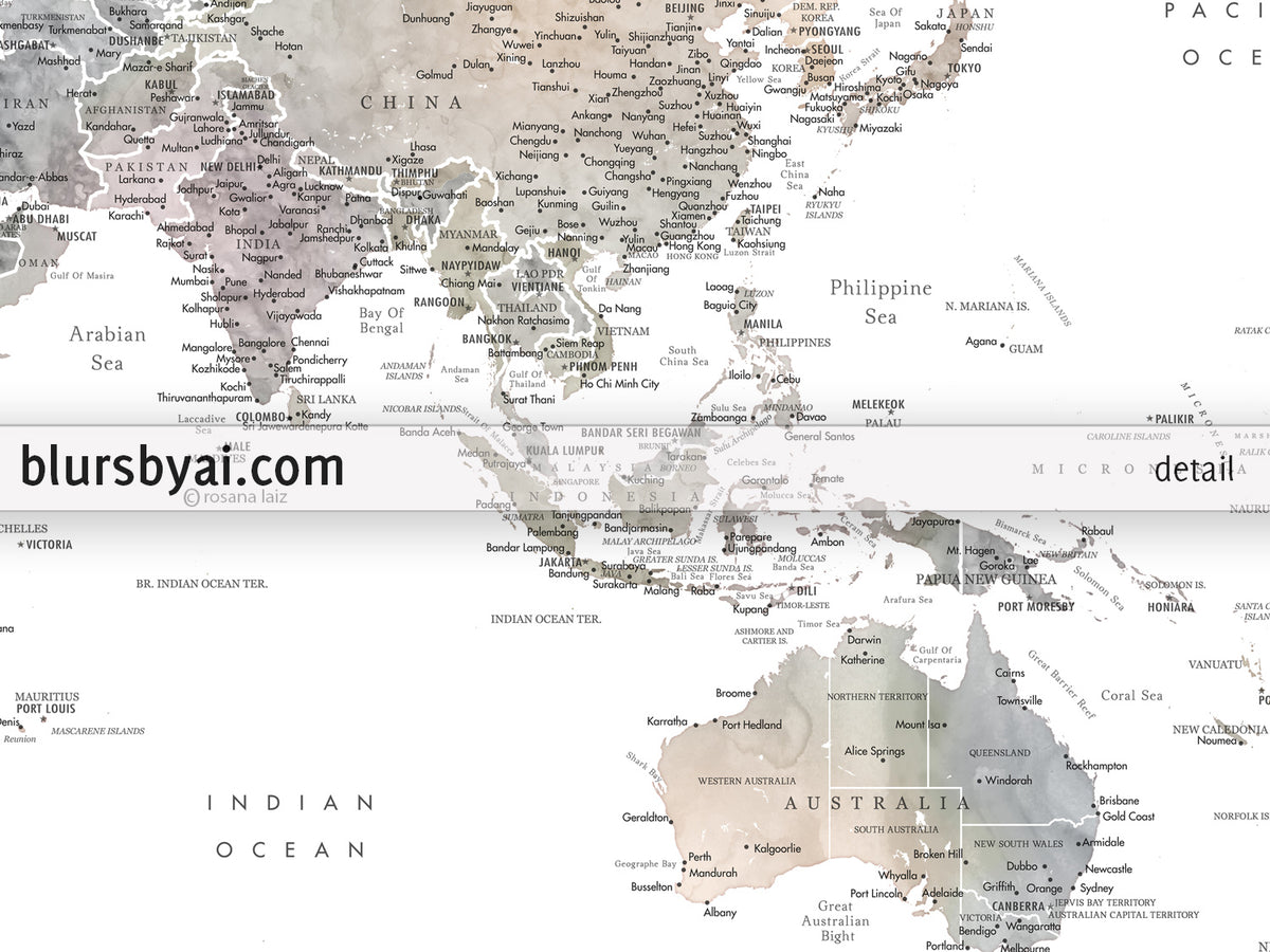 Personalized world map print on rolled canvas, with cities and US state capitals in muted watercolors, "Habiki"