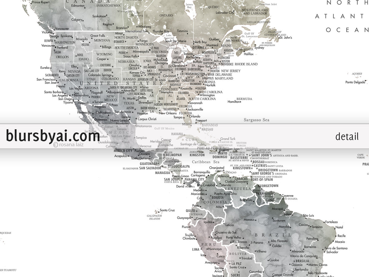 Personalized world map print on rolled canvas, with cities and US state capitals in muted watercolors, "Habiki"