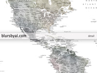 Personalized world map print on rolled canvas, with cities and US state capitals in muted watercolors, "Habiki"