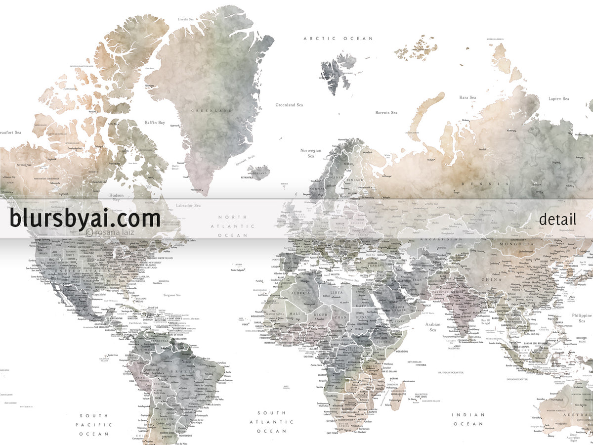 Personalized world map print on rolled canvas, with cities and US state capitals in muted watercolors, "Habiki"
