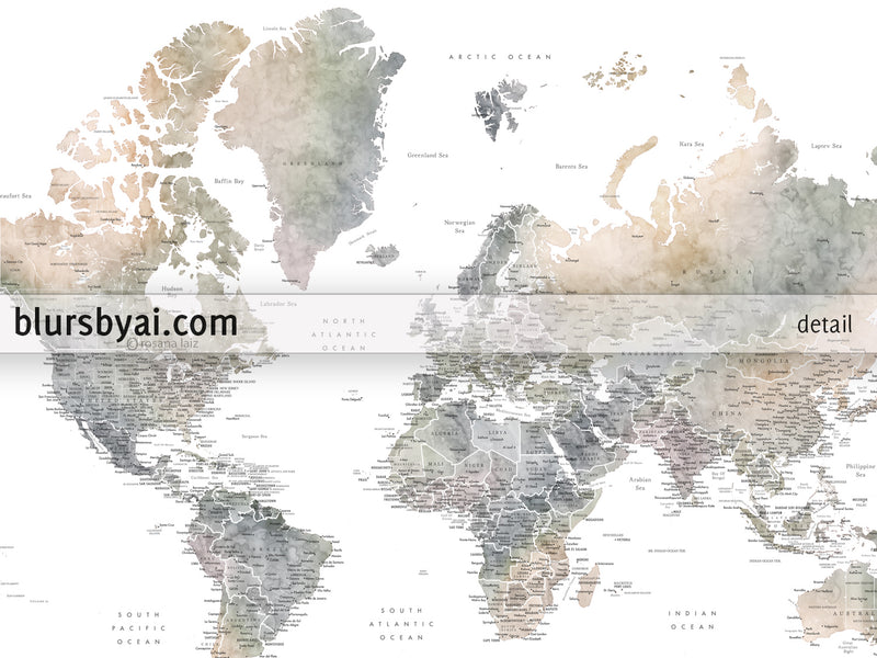 Art print on paper: personalized world map with state capitals, cities and countries in muted watercolor. "Habiki"