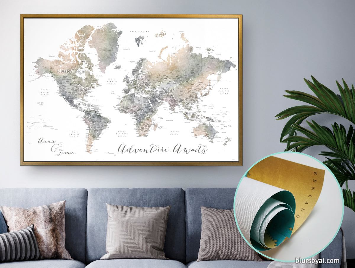 Personalized world map print on rolled canvas, with cities and US state capitals in muted watercolors, "Habiki"