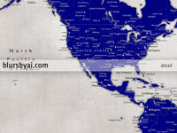 Custom map print: world map with cities in navy blue and distressed grey. "Delaney"