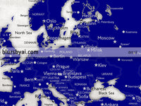 Custom map print: world map with cities in navy blue and distressed grey. "Delaney"