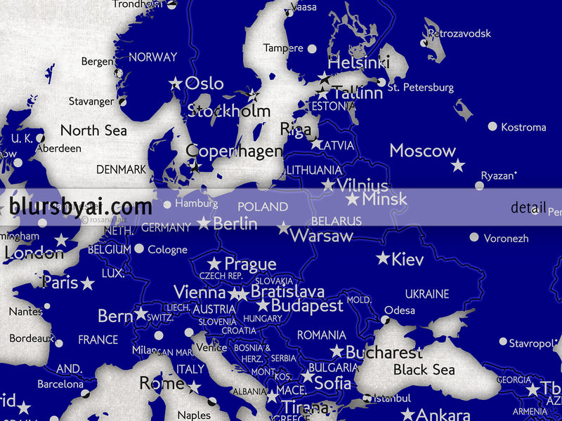 Custom map print: world map with cities in navy blue and distressed grey. "Delaney"