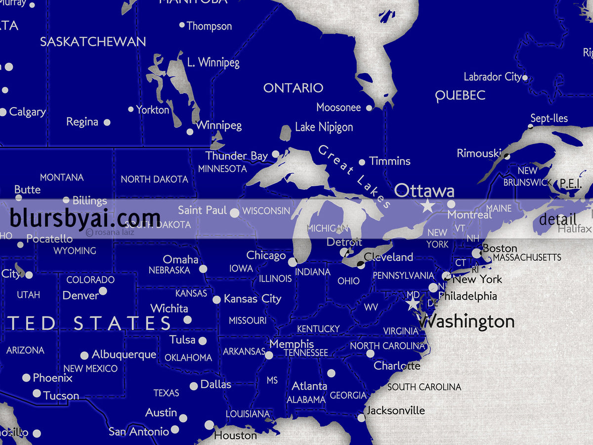 Custom map print: world map with cities in navy blue and distressed grey. "Delaney"