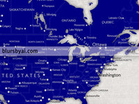 Custom map print: world map with cities in navy blue and distressed grey. "Delaney"