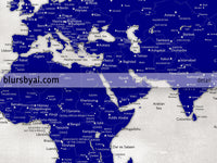 Custom map print: world map with cities in navy blue and distressed grey. "Delaney"