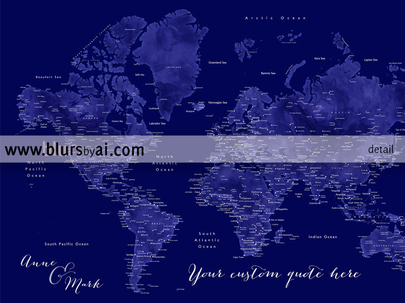 Custom quote printable world map with cities, capitals, countries, US States... labeled. Color combination: Naveed