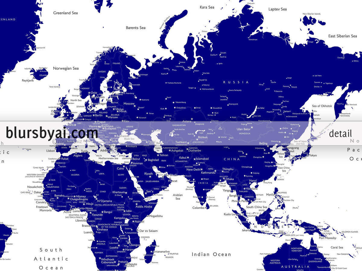 Custom map print: navy blue world map with cities, "Nevin"