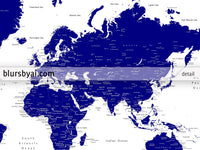 Custom map print: navy blue world map with cities, "Nevin"
