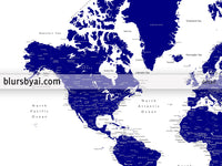 Custom map print: navy blue world map with cities, "Nevin"