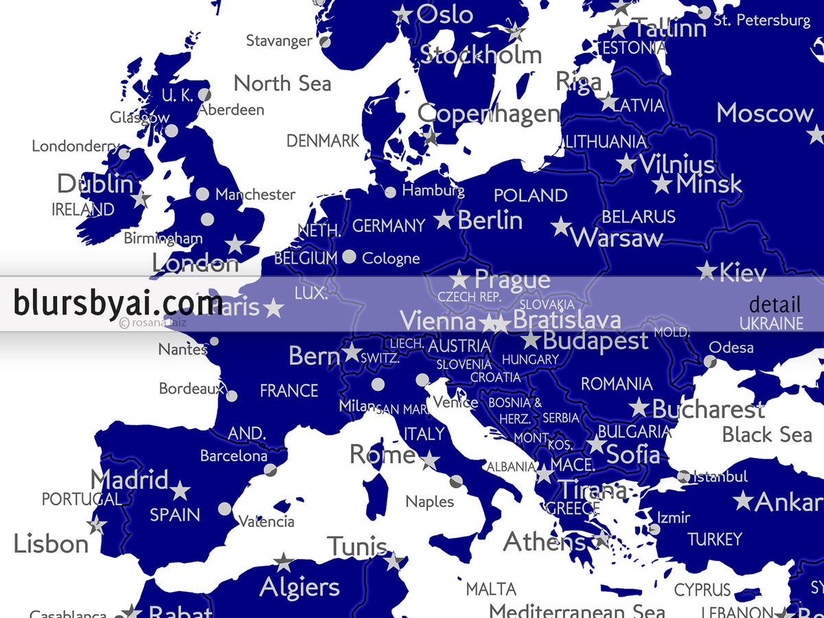 Custom map print: navy blue world map with cities, "Nevin"