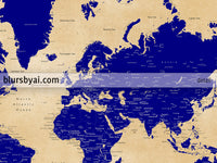 Custom map print: world map with cities in navy blue and tan. "Korinne"