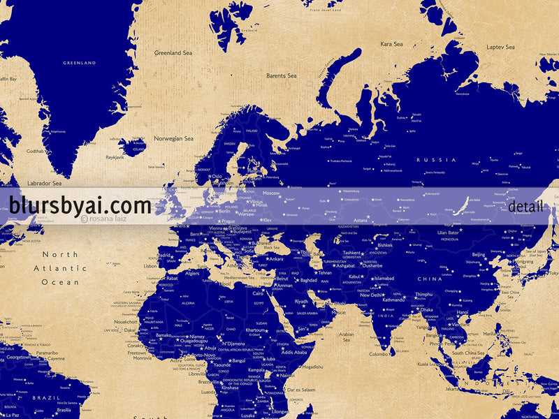 Custom map print: world map with cities in navy blue and tan. "Korinne"