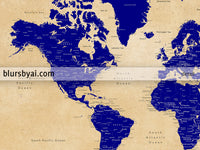 Custom map print: world map with cities in navy blue and tan. "Korinne"