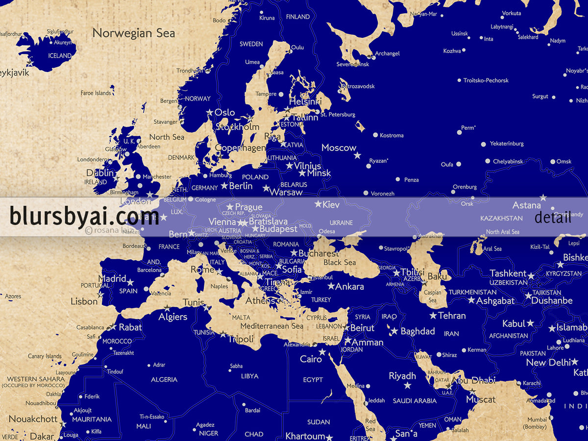 Custom map print: world map with cities in navy blue and tan. "Korinne"