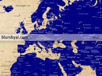 Custom map print: world map with cities in navy blue and tan. "Korinne"