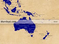 Custom map print: world map with cities in navy blue and tan. "Korinne"