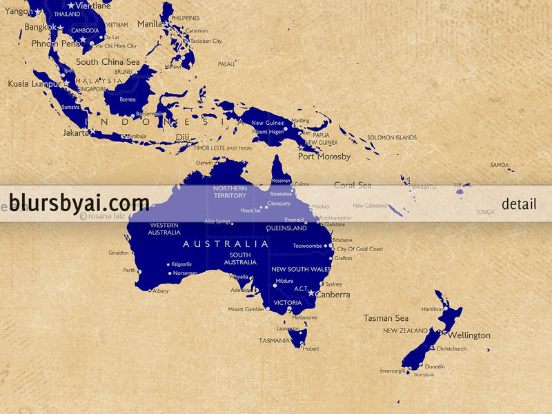 Custom map print: world map with cities in navy blue and tan. "Korinne"