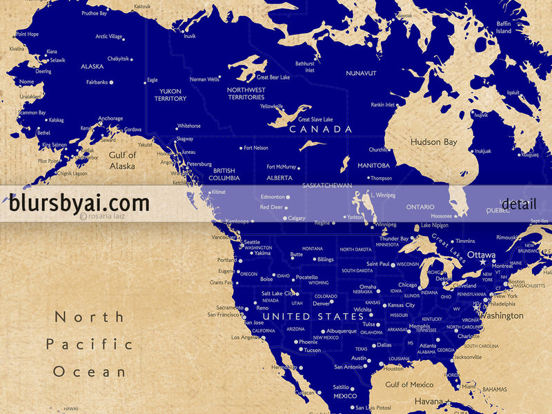 Custom map print: world map with cities in navy blue and tan. "Korinne"