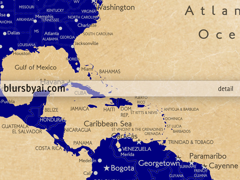 Custom map print: world map with cities in navy blue and tan. "Korinne"