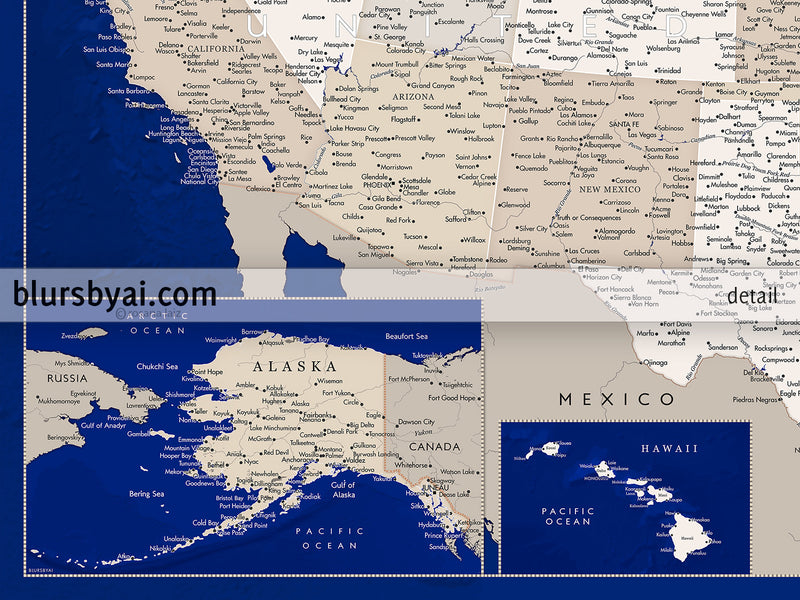 Set of two map prints on paper: USA and the world in matching style, brown and navy blue. "Kameryn"