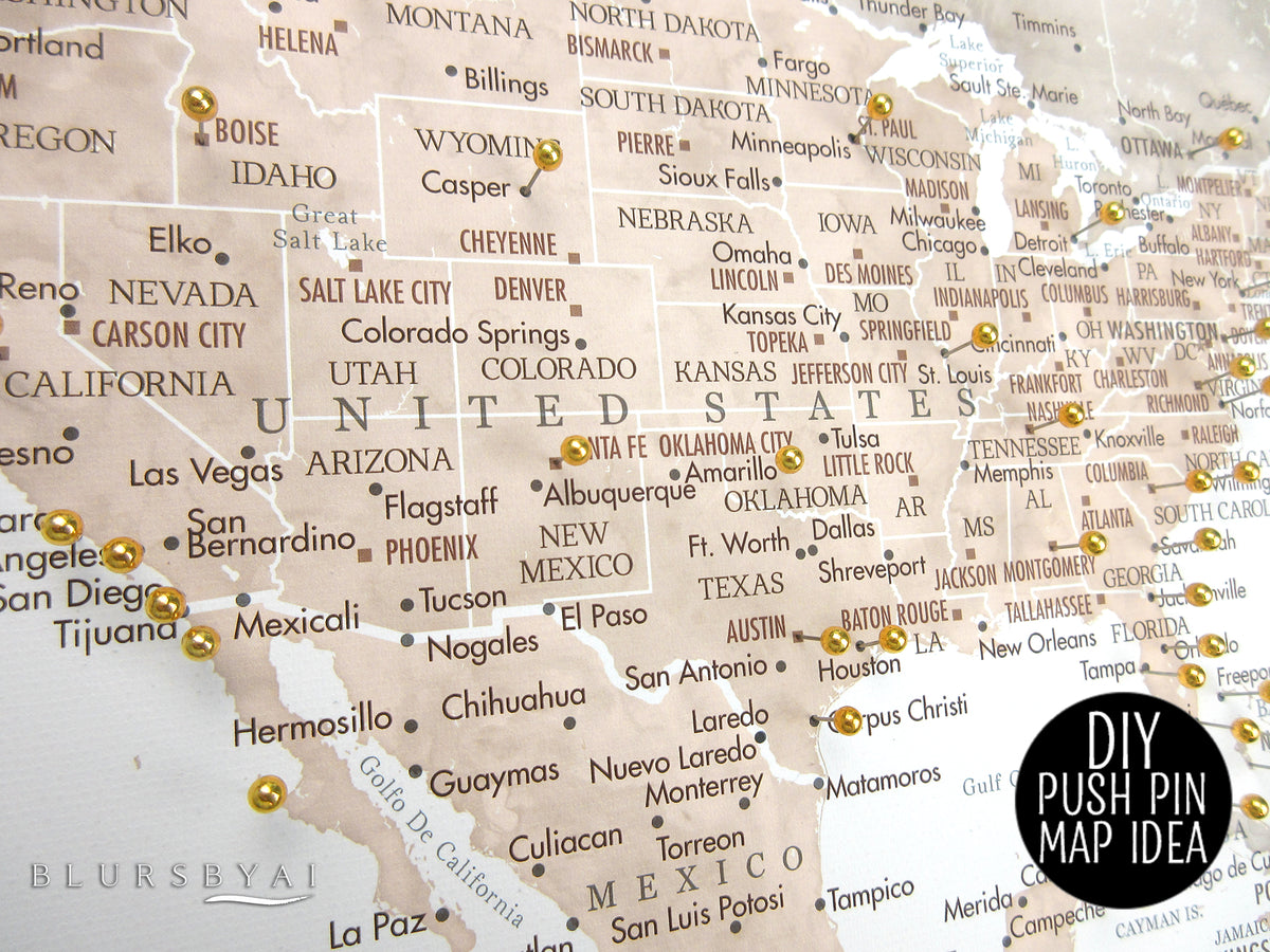 Art print on paper: custom world map with state capitals, cities and countries in neutral watercolor. "Abey"