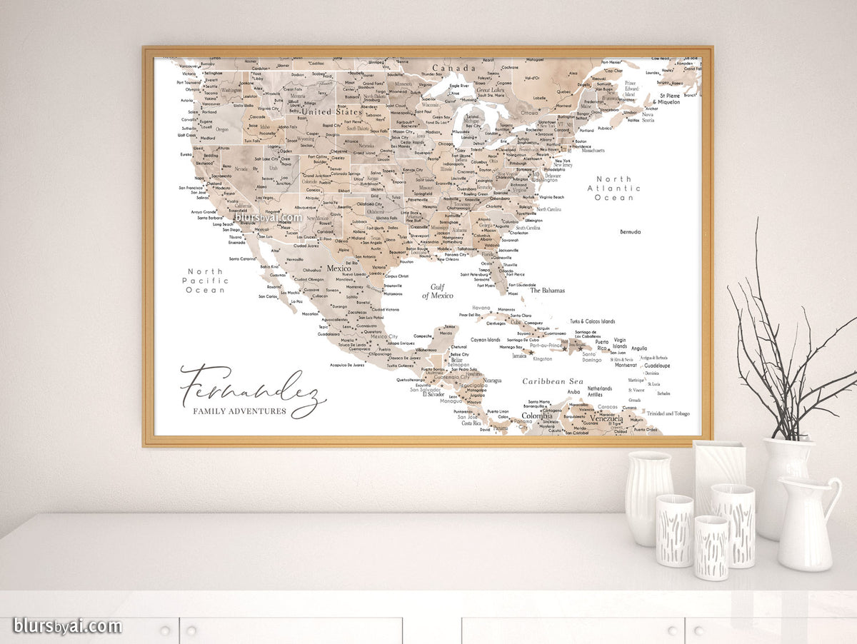 Custom map print: USA, Mexico and the Caribbean Sea in neutral watercolor. "Abey"