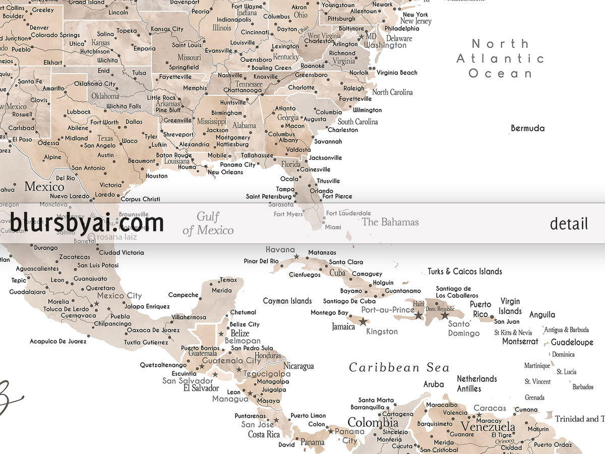 Custom map print: USA, Mexico and the Caribbean Sea in neutral watercolor. "Abey"