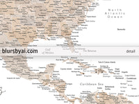 Custom map print: USA, Mexico and the Caribbean Sea in neutral watercolor. "Abey"