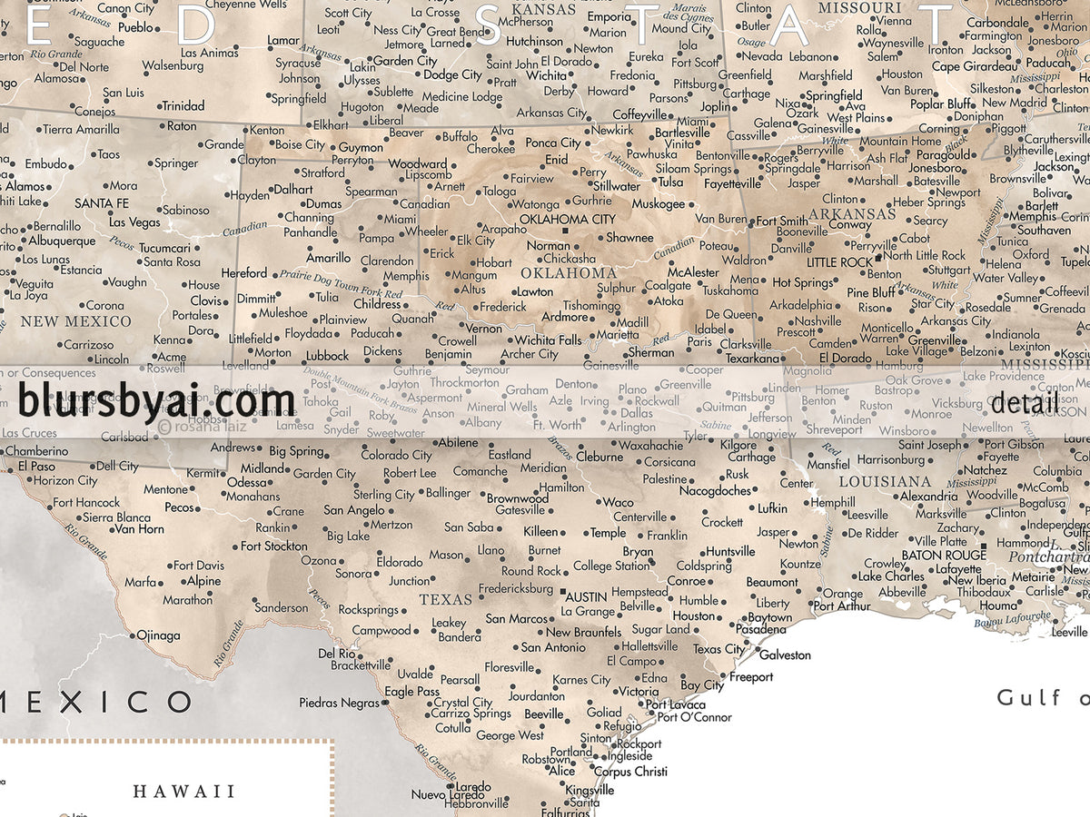 Custom map print: highly detailed map of the US with cities. ALL COLOR CHOICES.