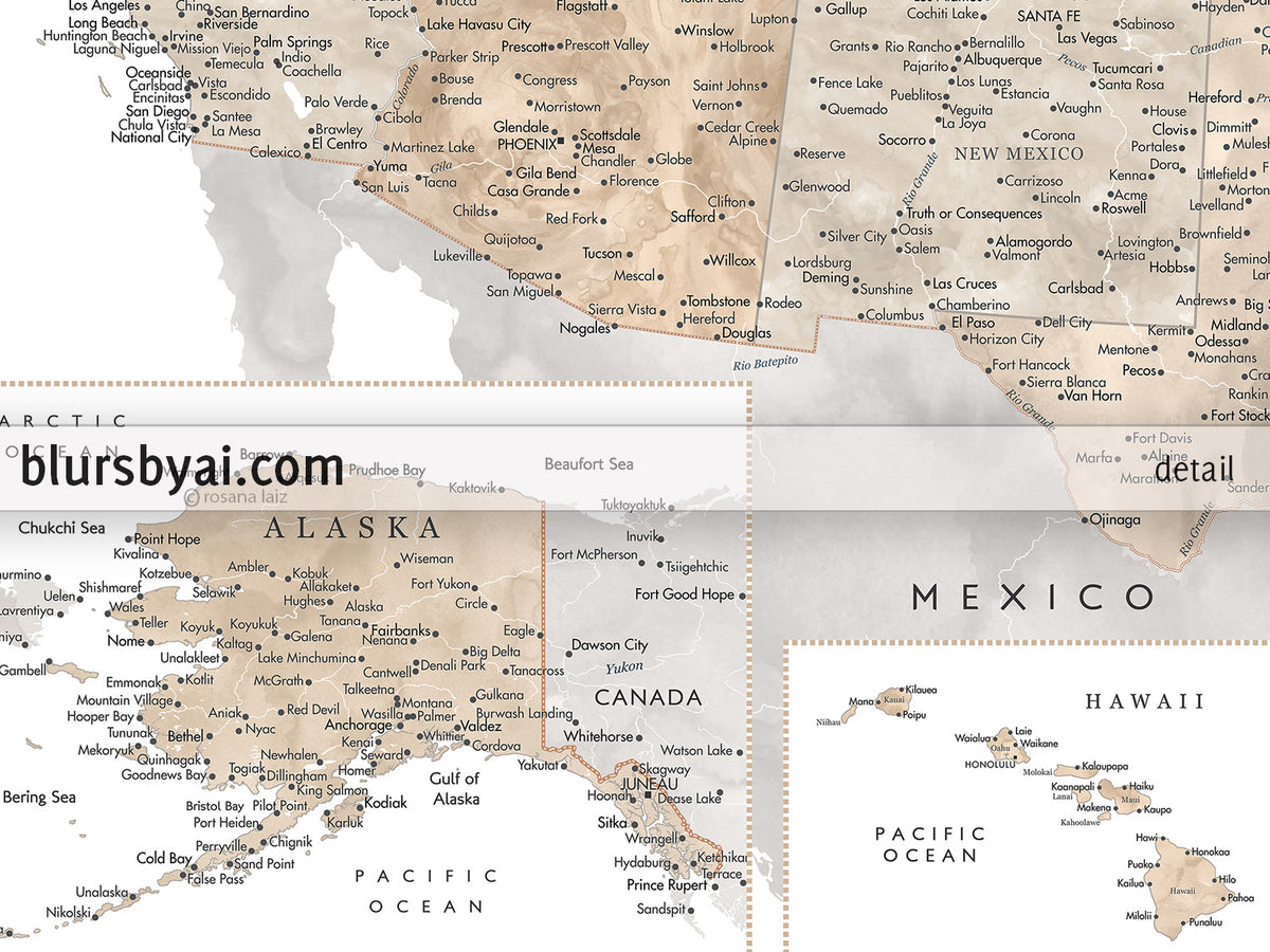 Set of two map prints on paper: USA and the world in neutral matching style. "Abey"