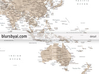 Art print on paper: custom world map with state capitals, cities and countries in neutral watercolor. "Abey Beige"