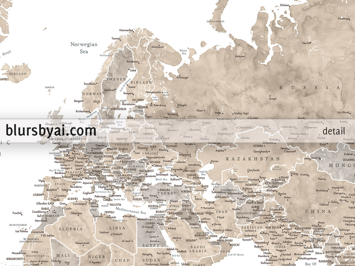 Art print on paper: custom world map with state capitals, cities and countries in neutral watercolor. "Abey Beige"