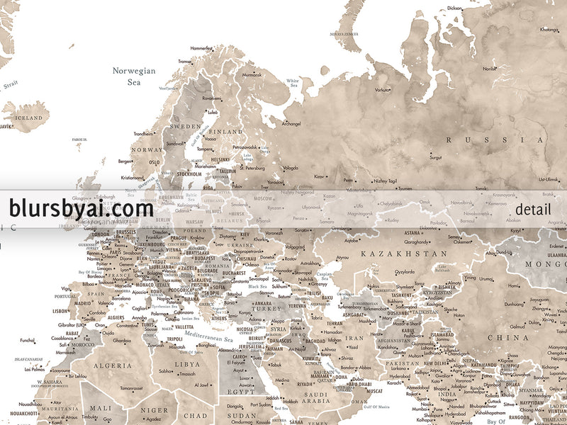 Art print on paper: custom world map with state capitals, cities and countries in neutral watercolor. "Abey Beige"