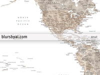Art print on paper: custom world map with state capitals, cities and countries in neutral watercolor. "Abey Beige"