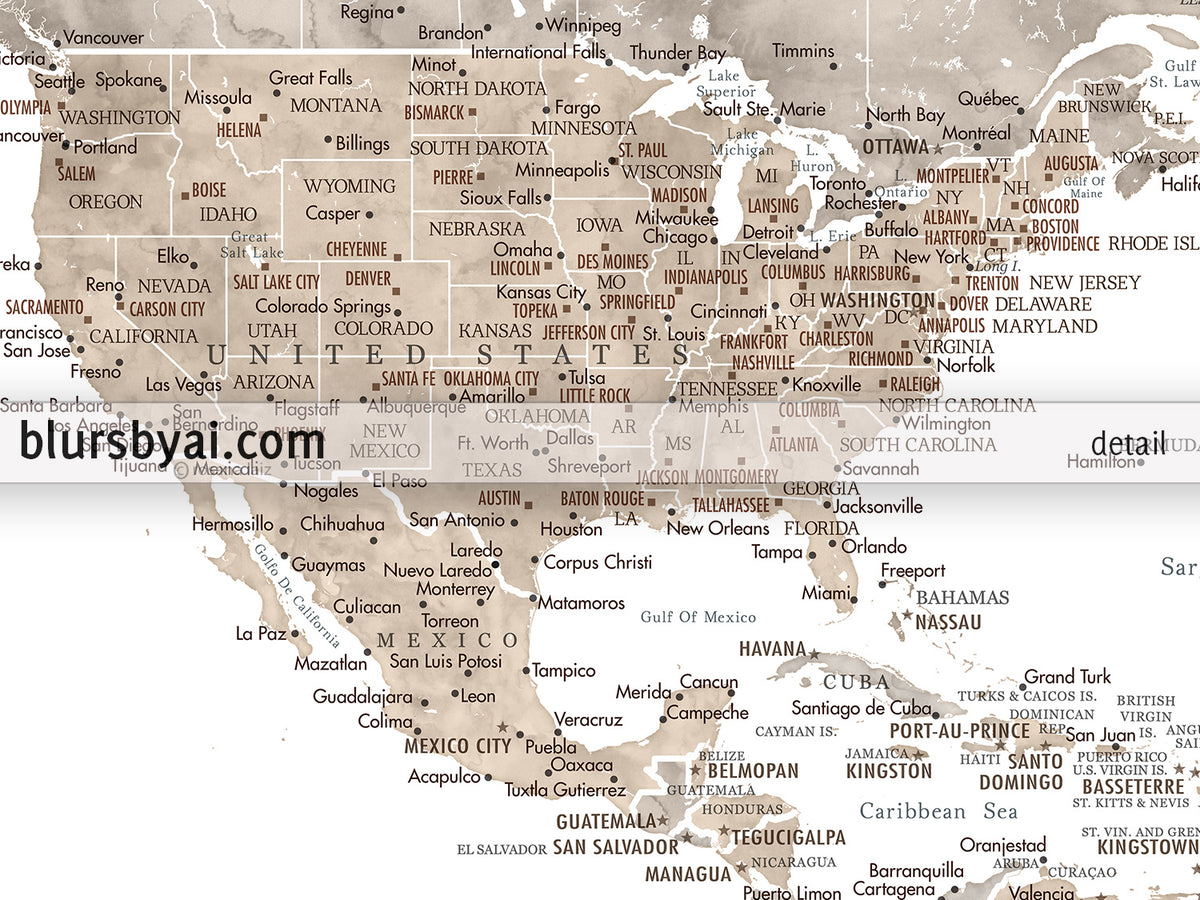 Art print on paper: custom world map with state capitals, cities and countries in neutral watercolor. "Abey Beige"