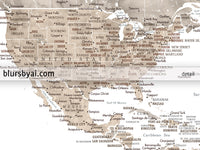 Art print on paper: custom world map with state capitals, cities and countries in neutral watercolor. "Abey Beige"