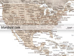 Art print on paper: custom world map with state capitals, cities and countries in neutral watercolor. "Abey Beige"