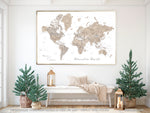 Art print on paper: custom world map with state capitals, cities and countries in neutral watercolor. "Abey Beige"