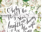 Editable pdf Christmas card template: o holy night in white floral background