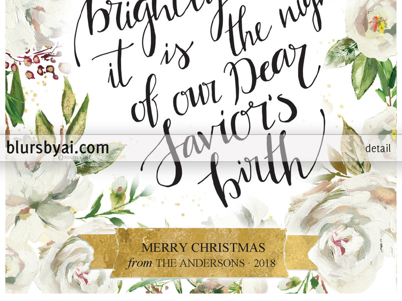 Editable pdf Christmas card template: o holy night in white floral background