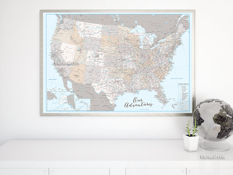 Custom US map print: highly detailed map of the US with roads. "Keane"