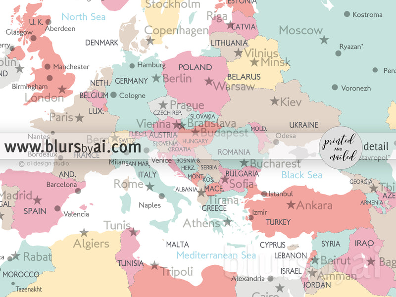 Custom print: world map with cities in soft colors. "Pretty pastels"