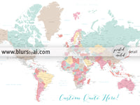 Custom print: world map with cities in soft colors. "Pretty pastels"